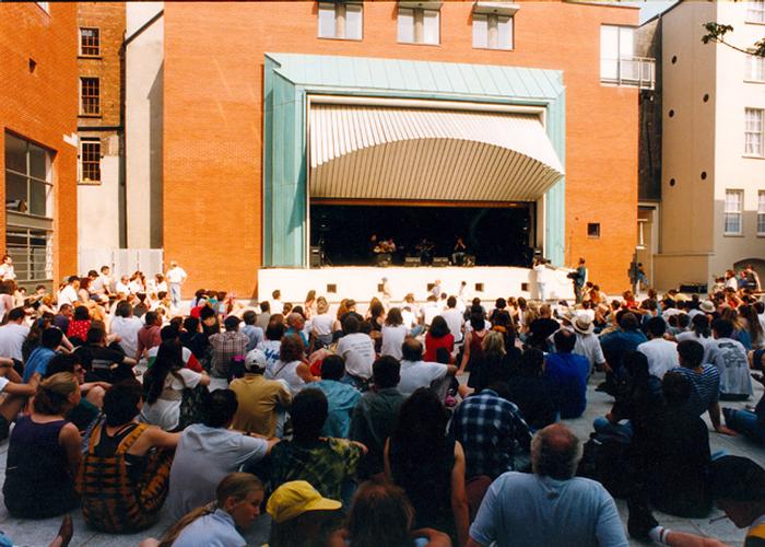 Meeting house square in use as a music stage.
