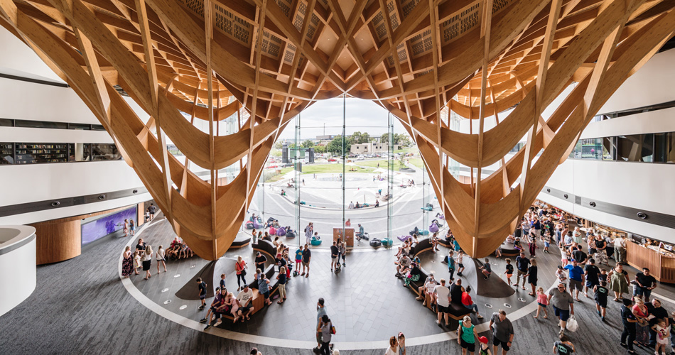 <strong>Bunjil Place Cultural Center, Narre Warren, </strong>Victoria, Australia. Fjmt Architects. See: <a href='https://www.bunjilplace.com.au/about'>https://www.bunjilplace.com.au/about</a>; <a href='https://www.archdaily.com/897651/bunjil-place-fjmt'>https://www.archdaily.com/897651/bunjil-place-fjmt</a>  (Photo: Trevor Mein)