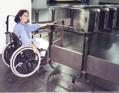 Wide doors are needed to accommodate wheelchair riders entering fare-paid areas of transit terminals, as in this subway station in Rio de Janeiro.