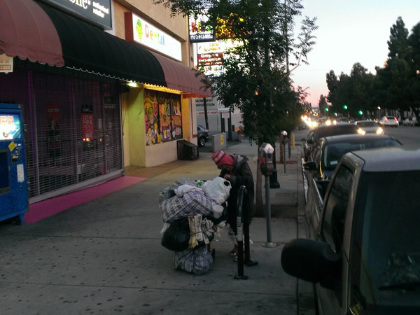 Woman with cart: A homeless woman in Los Angeles, U.S.A. arranges her meager belongings before looking for a place to sleep for the night.  Photograph by Benjamin Clavan, 2015.